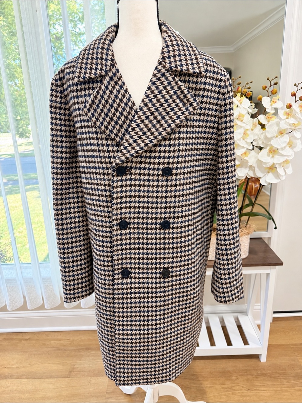 Express Men’s Large Houndstooth Double Breasted Long Overcoat Wool Blend